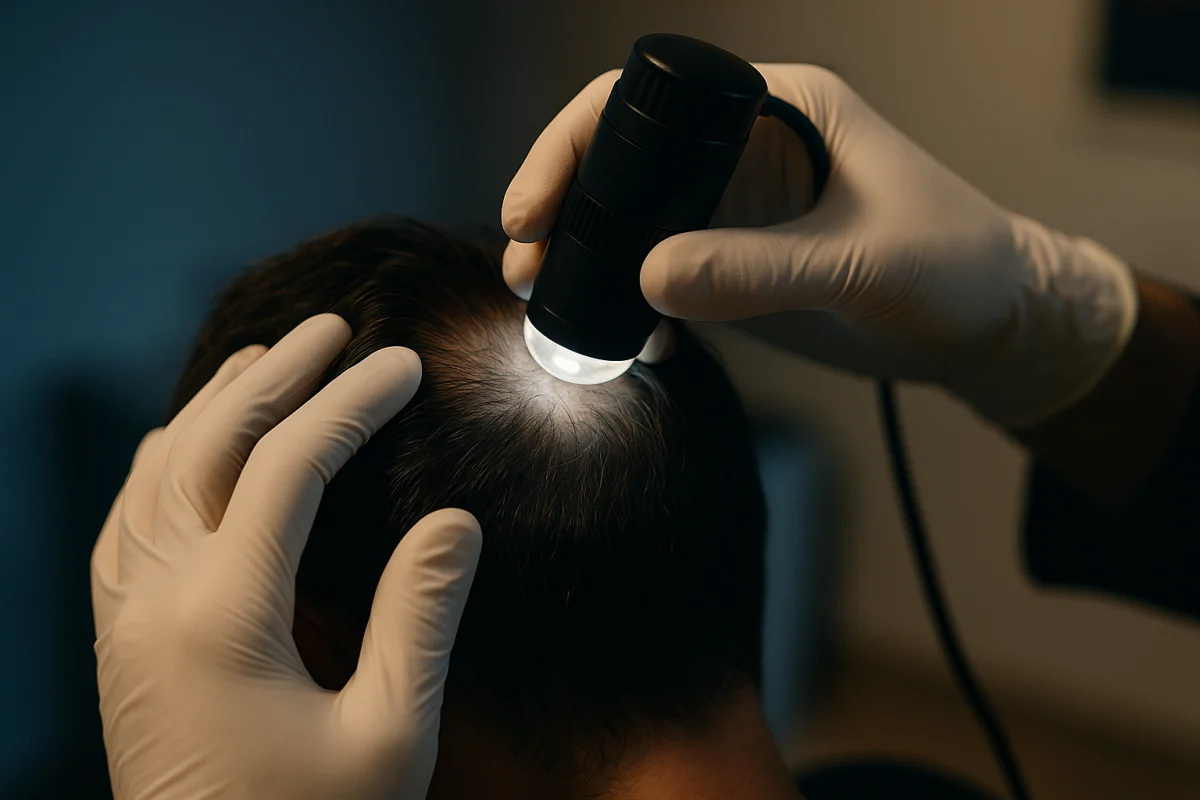 Trichoscopic scalp examination during hair assessment