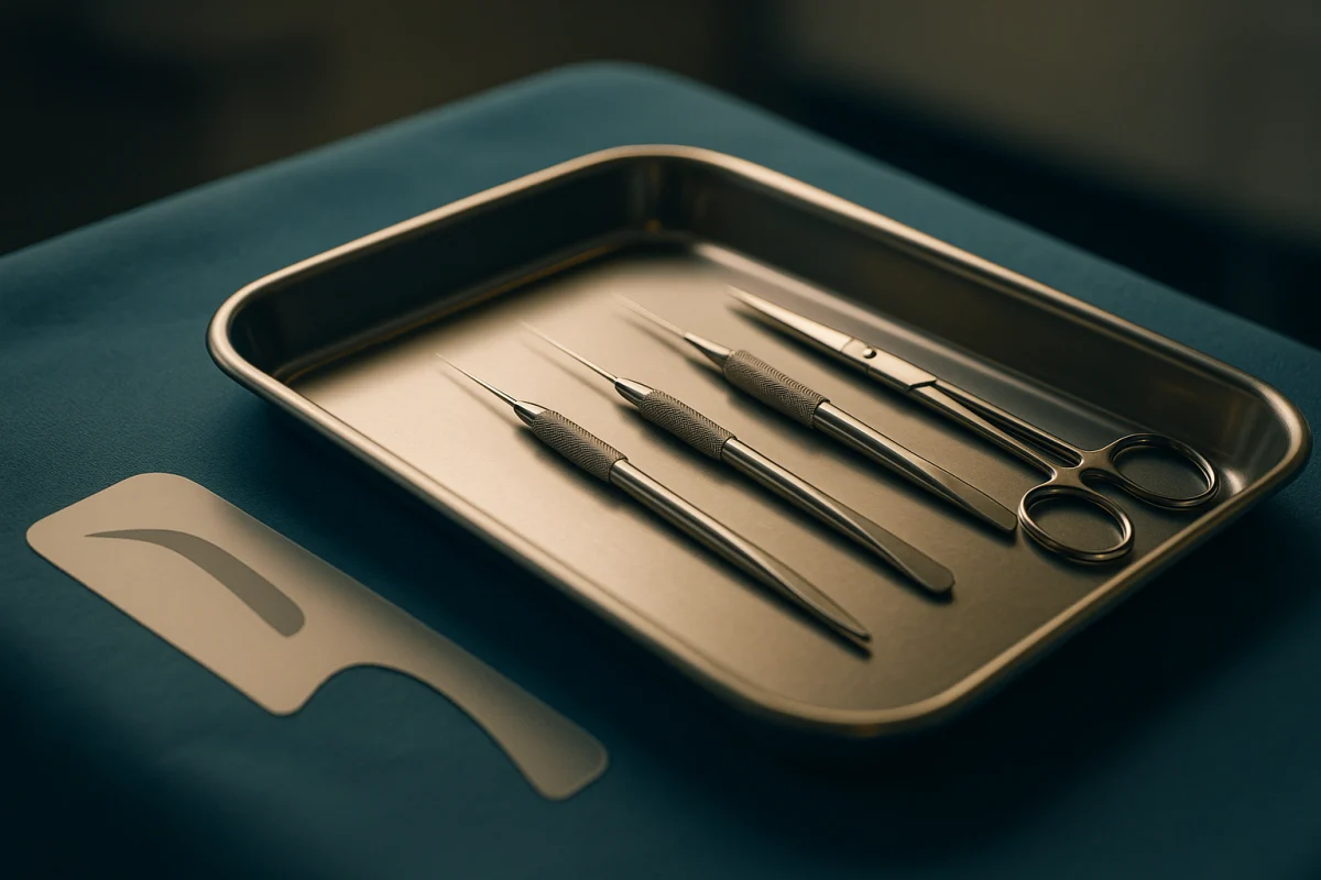 Sterile tools prepared for eyebrow restoration