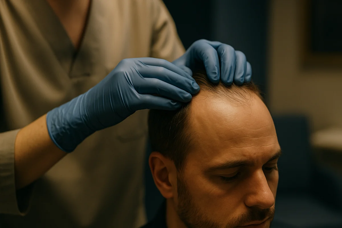 Clinician assessing scalp flexibility at hairline