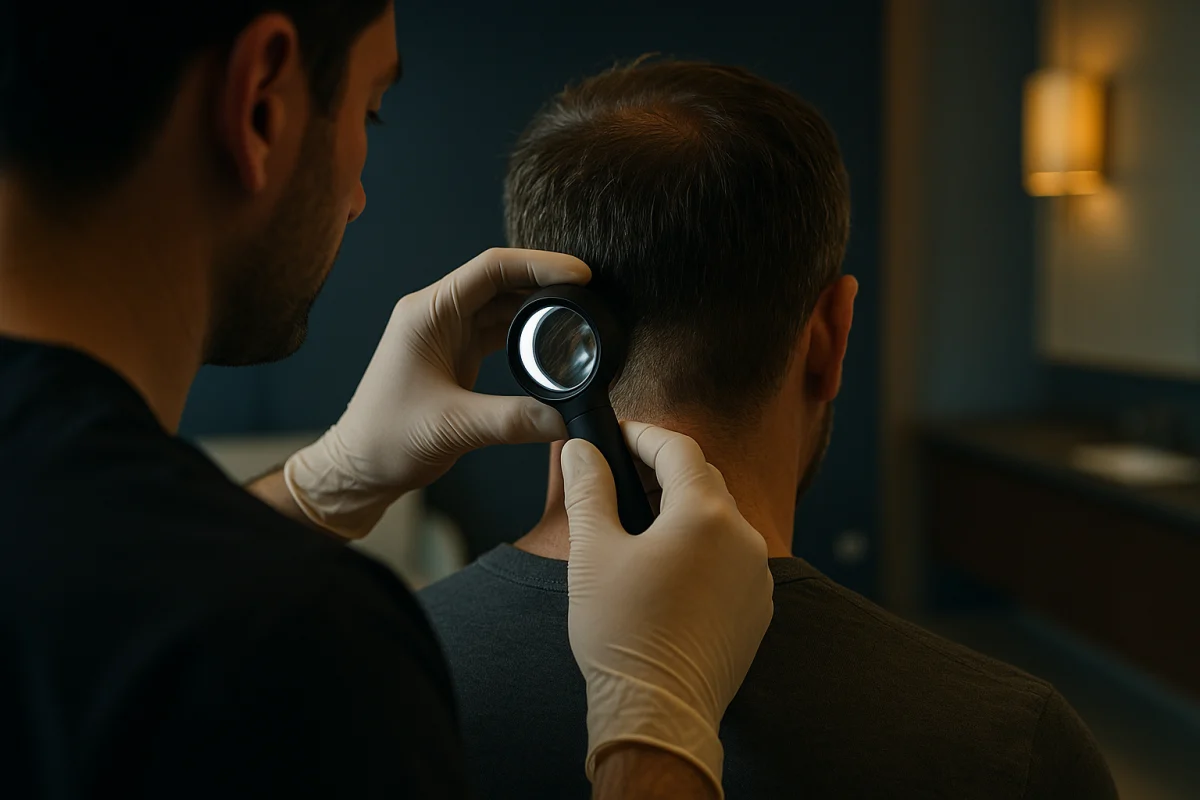 Clinician assessing donor area hair density