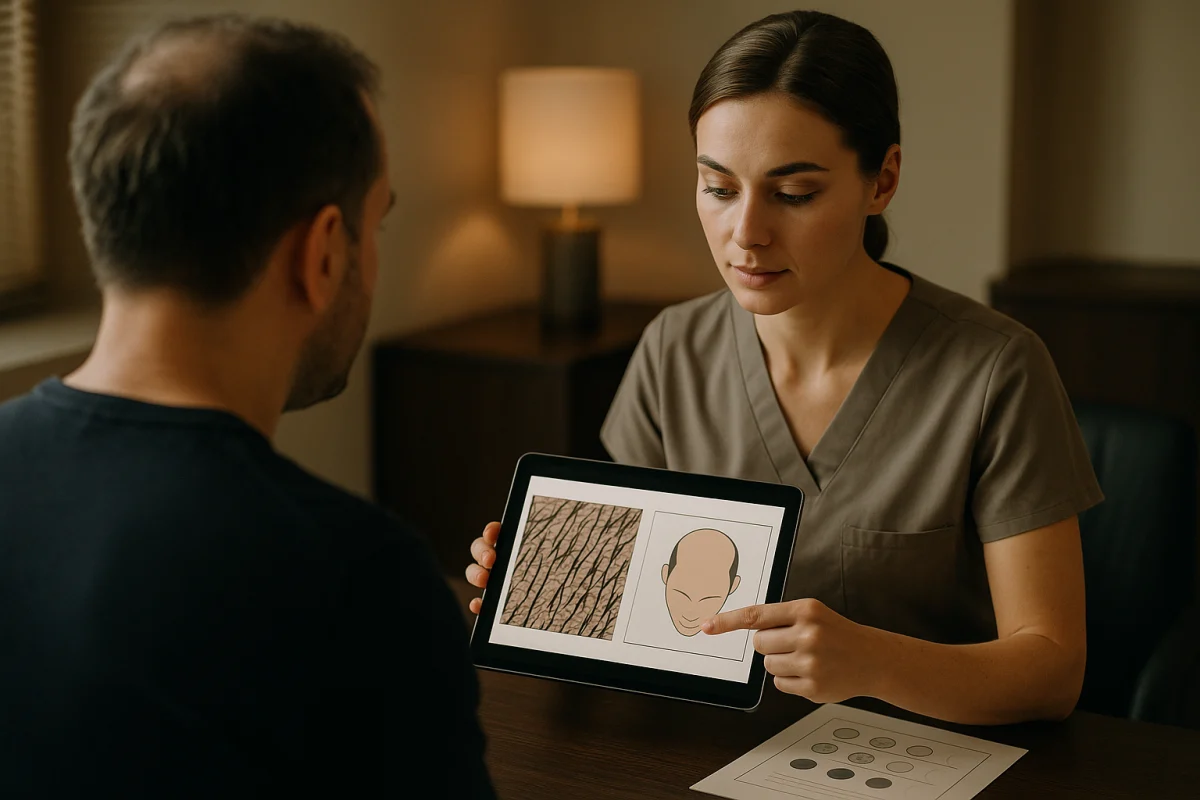 Clinician reviewing a personalised hair restoration treatment plan