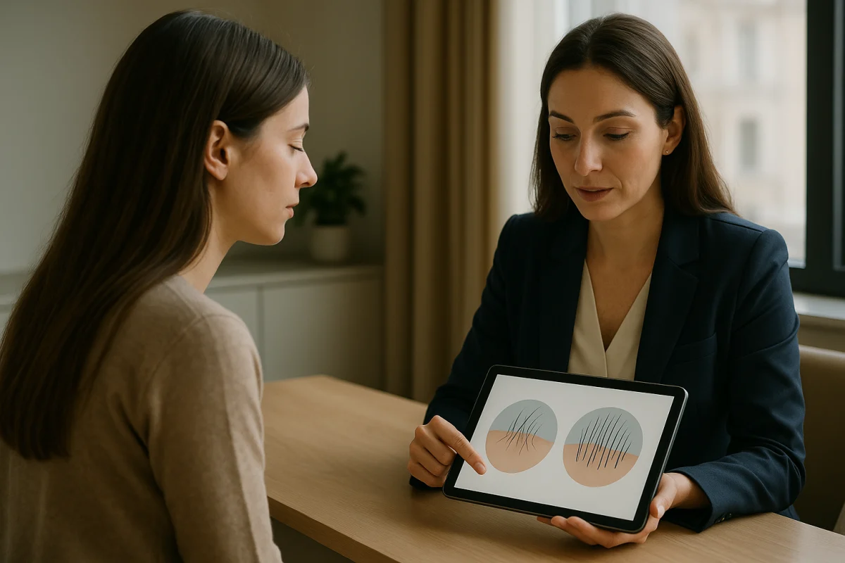 Specialist discussing hair loss assessment with female patient