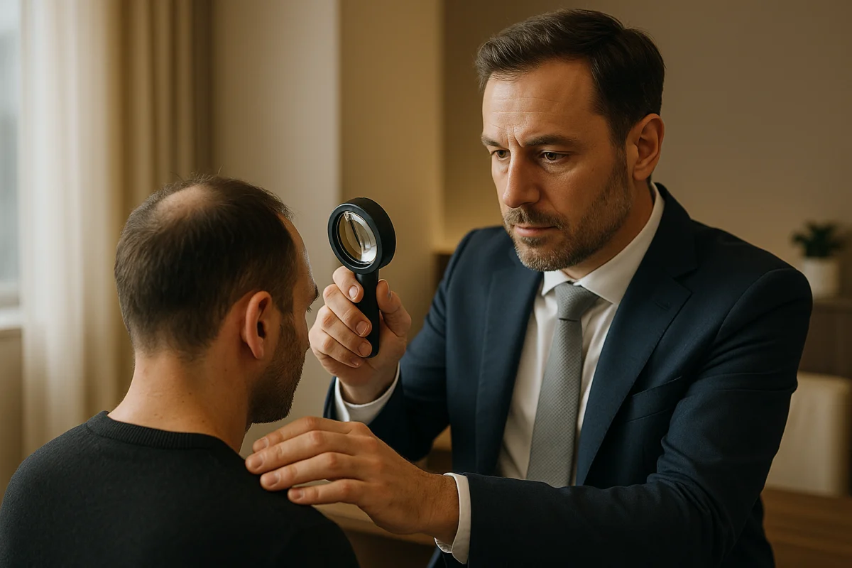 Doctor assessing a patient’s hairline in a private clinic