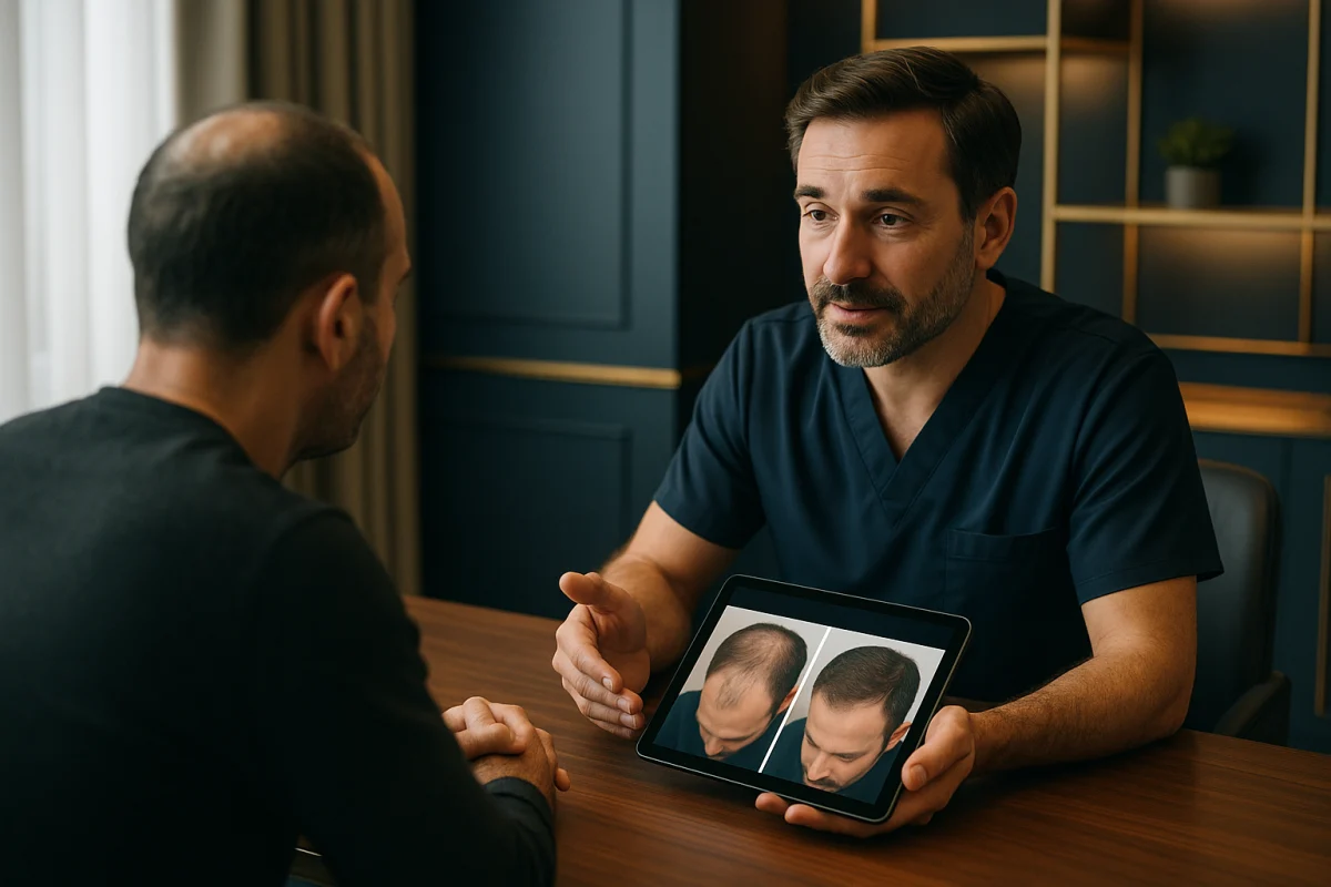 Clinician discussing follow-up care with a hair transplant patient