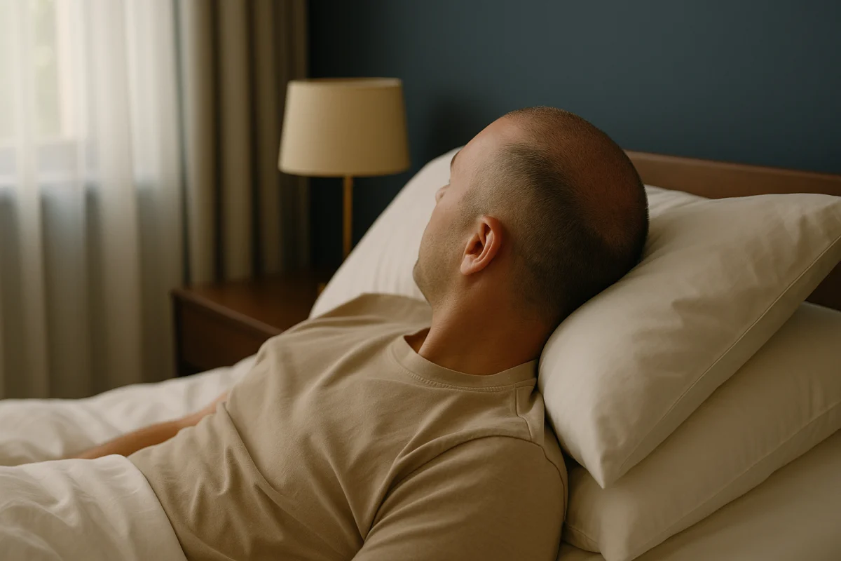 Patient resting elevated on their back in bed