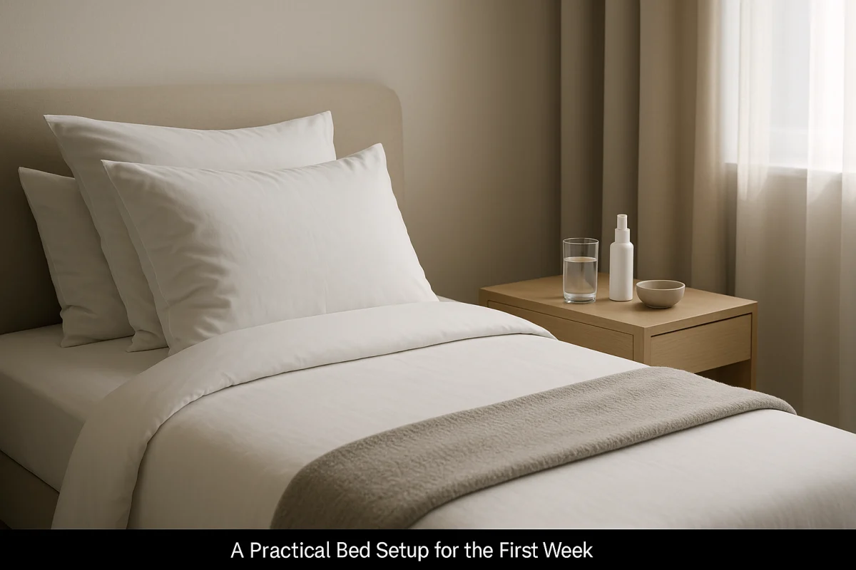 Pillows arranged for elevated recovery sleep beside a bed