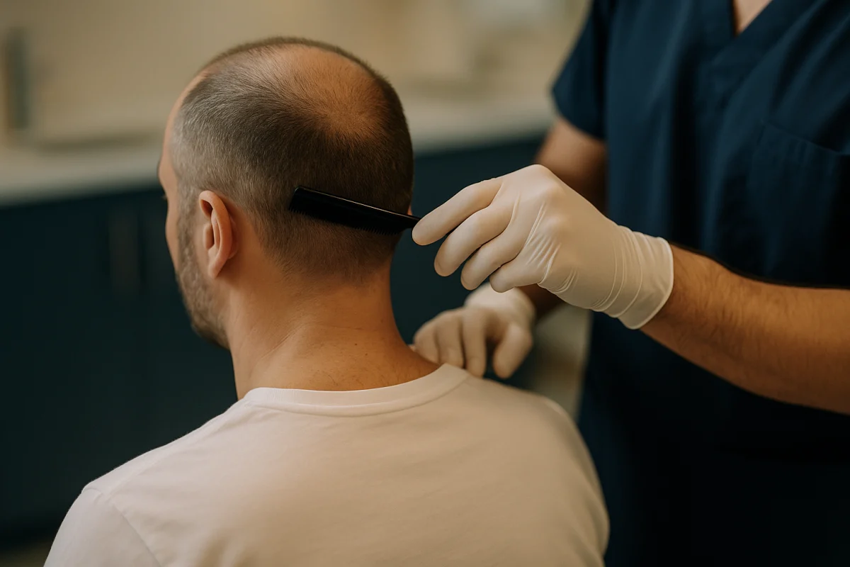 Clinician assessing scalp donor area