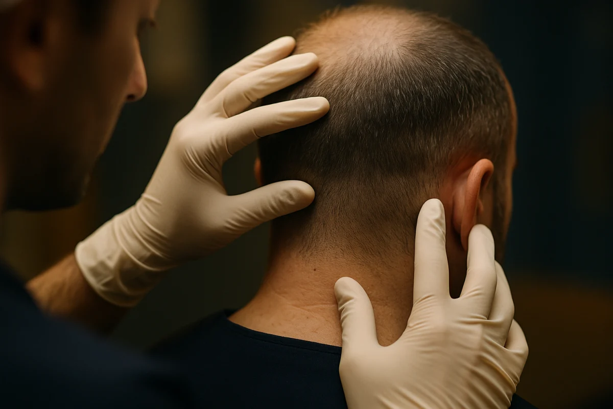 Clinician assessing scalp donor area