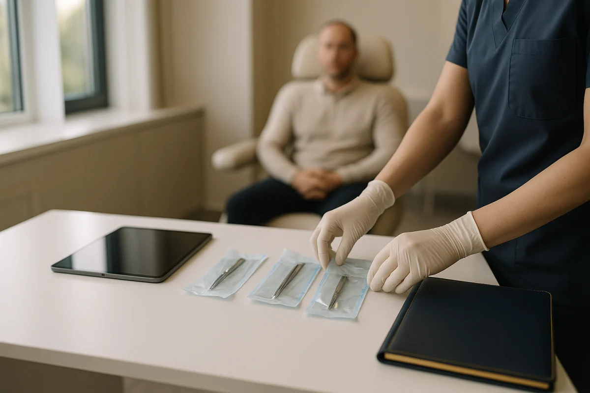 Sterile clinic preparation before a hair restoration consultation