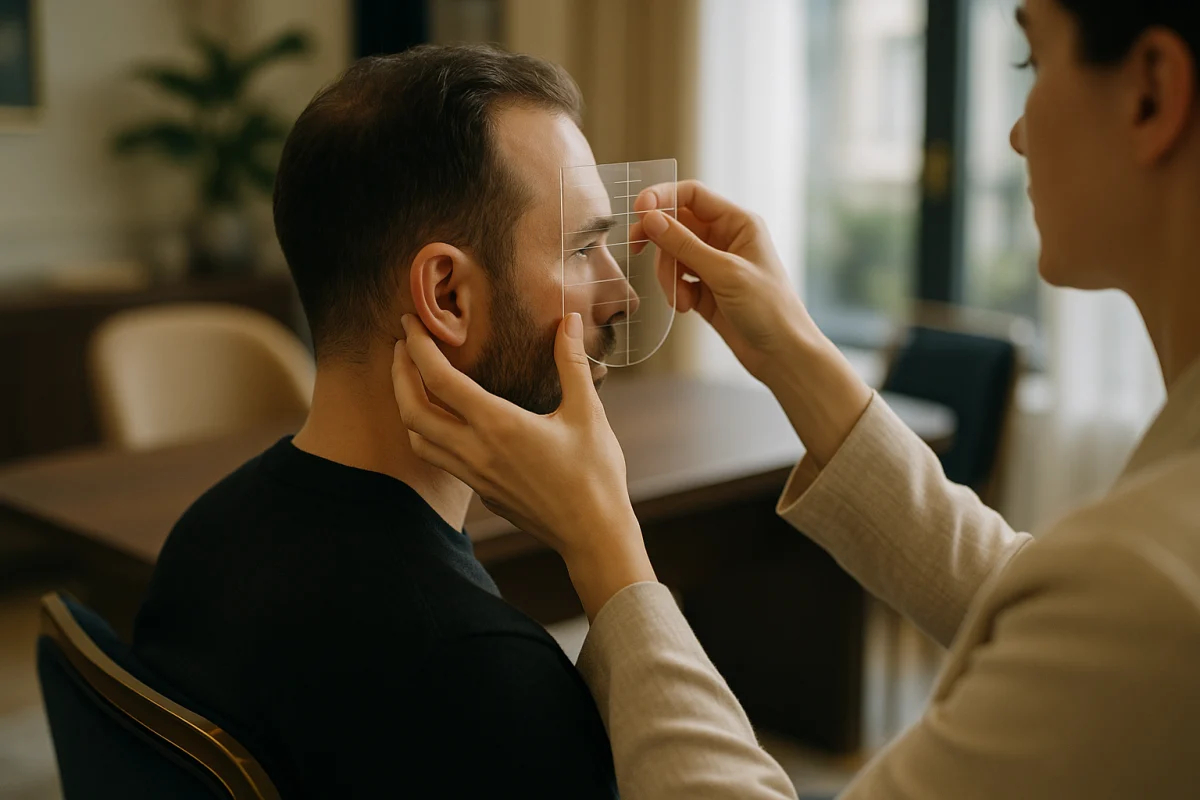 Clinician assessing hairline proportions during consultation