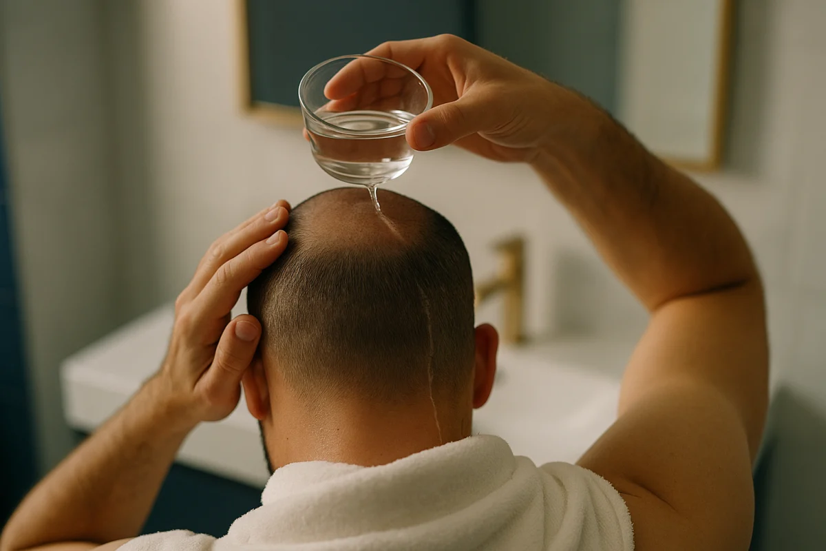 Patient gently rinsing scalp during early recovery