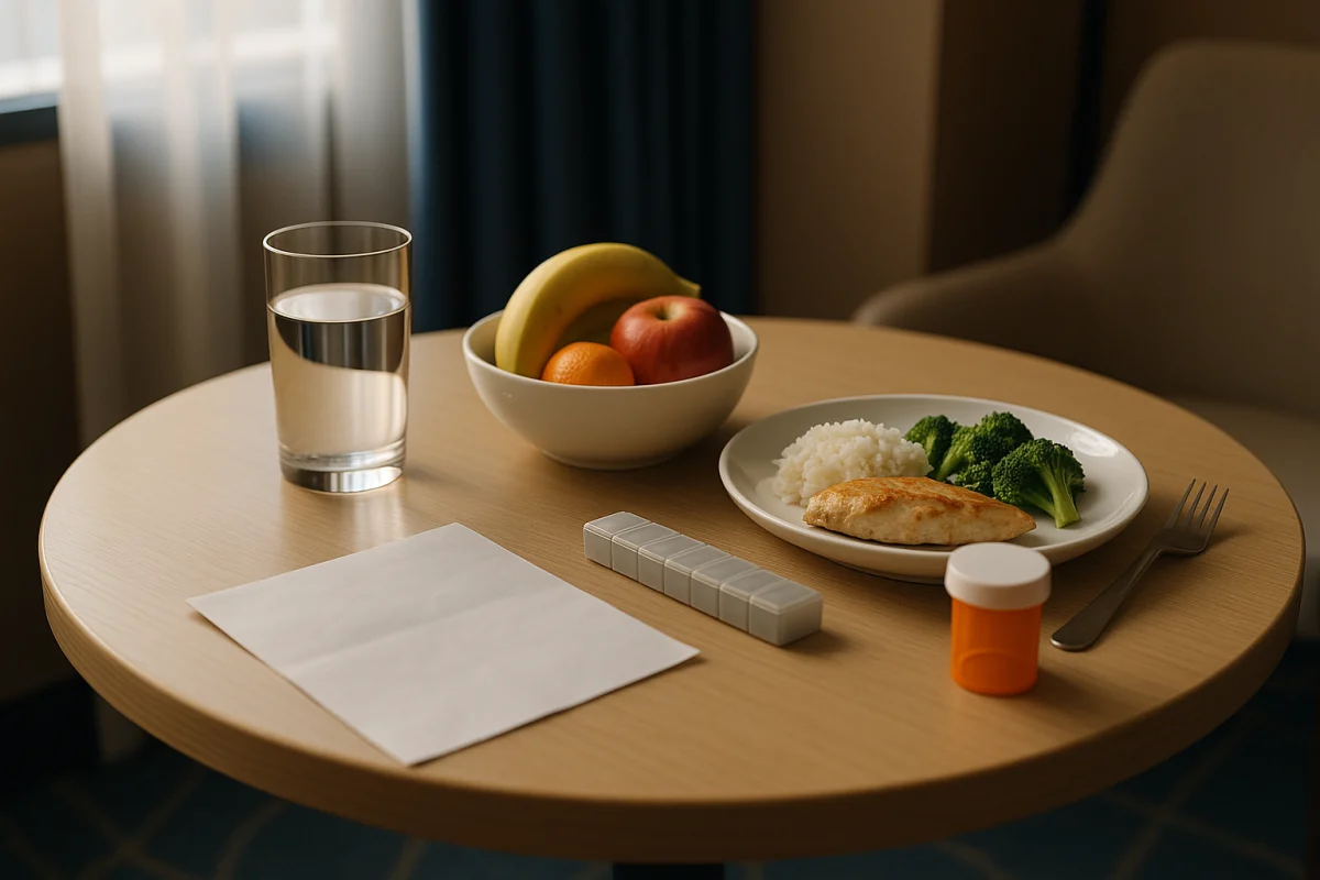 Water, healthy food and recovery medicines on table