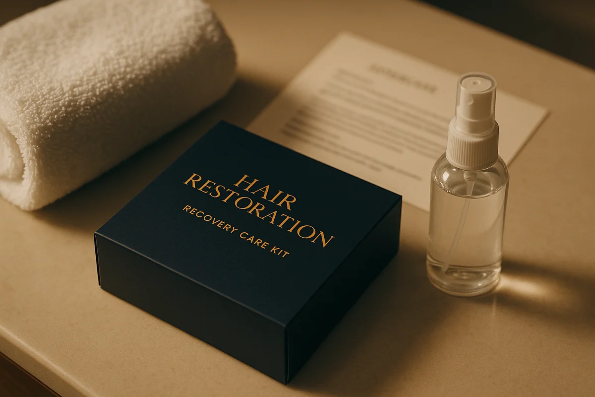 Hair transplant recovery care kit and aftercare supplies