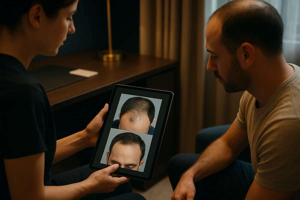 Patient reviewing hair treatment progress photographs