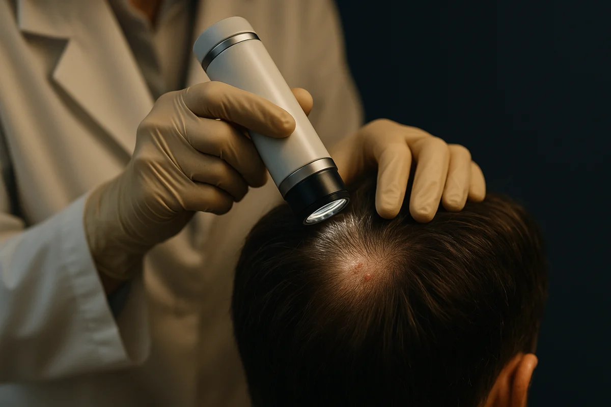 Clinician examining an inflamed scalp