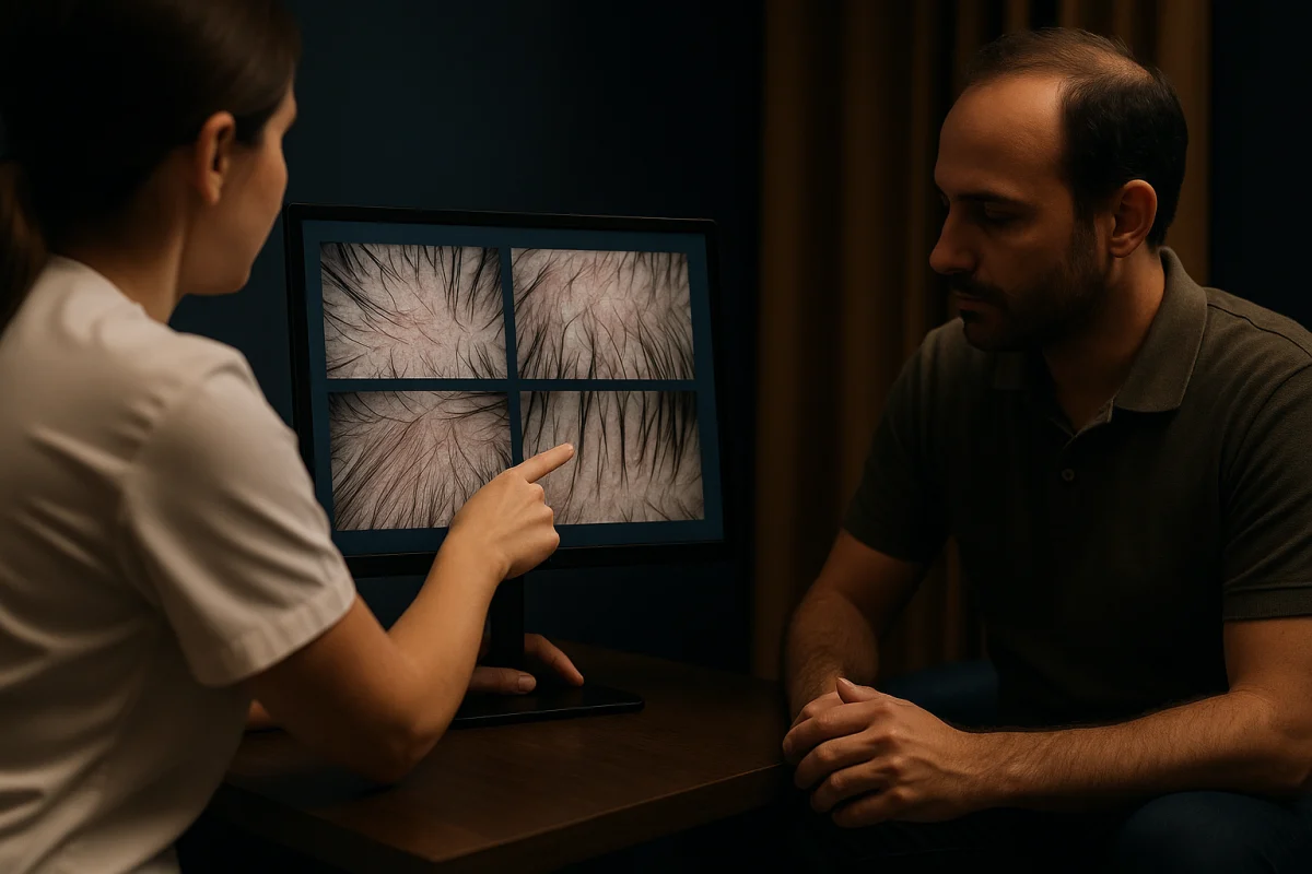 Trichoscopic scalp review during hair consultation