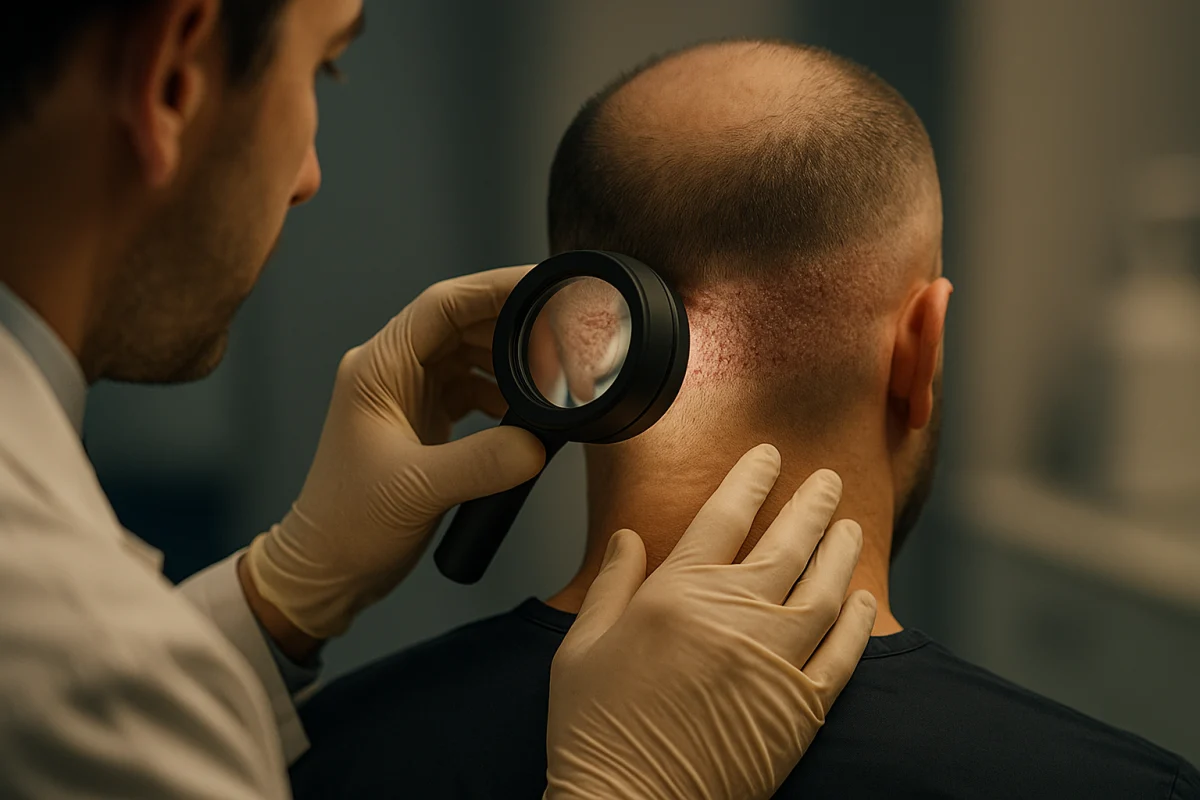 Doctor checking healed hair transplant scalp