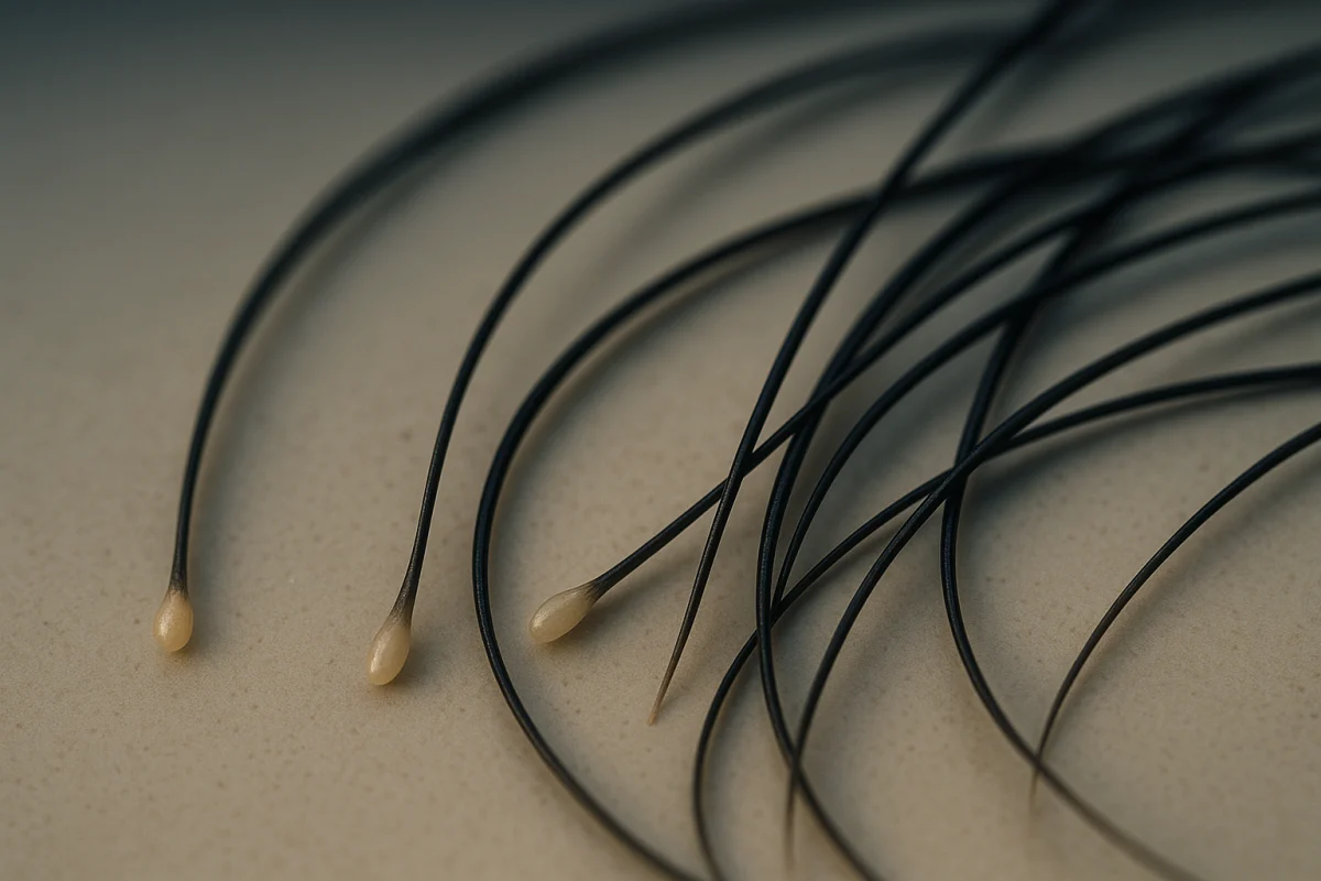 Shed hairs with pale root bulbs