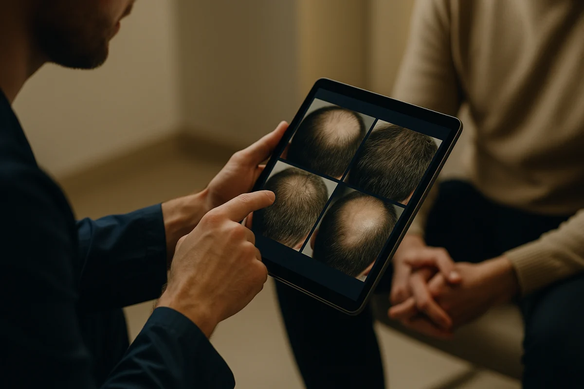 Doctor reviewing scalp assessment photographs