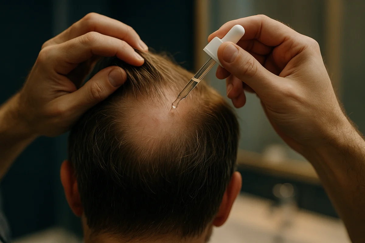 Applying scalp treatment along a hair part