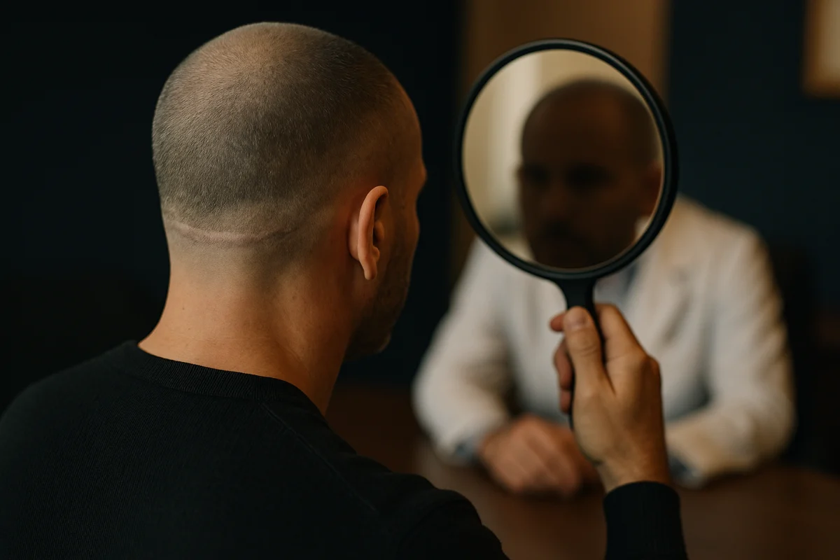 Man reviewing scalp camouflage result